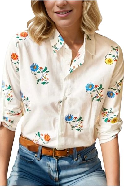 Cassime Cămașă albă din viscoză - imprimeu floral de culoare vibrantă, pliat și cu nasturi