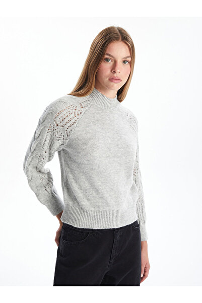 LC Waikiki Gray Half Turtleneck Lace-Like Knit Women's Knitwear Sweater