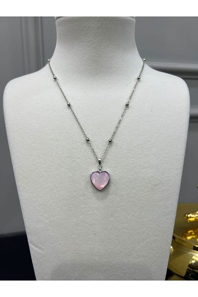 Store Pink Heart Necklace with Steel Bead Chain