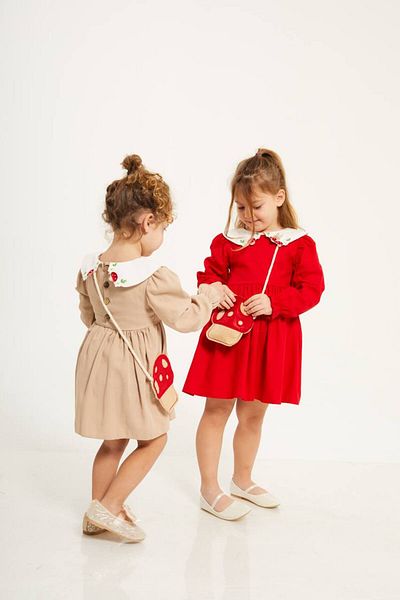 anonim Girl's Collar Embroidered Gabardine Fabric Dress