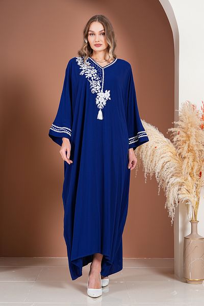 AYASOFYA OTANTIK Rochie de damă, albastru bleumarin, cu decolteu în V, cu broderie, cu detalii supradimensionate