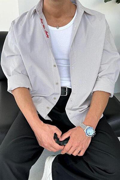 HAFKAGİYİM Stone Thin Striped Oversize Shirt with Embroidery Detail