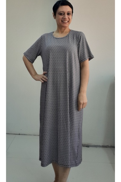 Mertcan Butik Μπλε ναυτικό φλοράλ στάμπα κοντομάνικο χτενισμένο βισκόζη φόρεμα