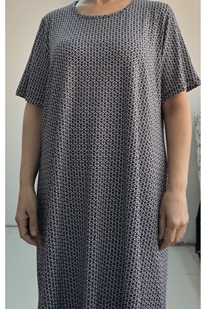 Mertcan Butik Μπλε ναυτικό φλοράλ στάμπα κοντομάνικο χτενισμένο βισκόζη φόρεμα