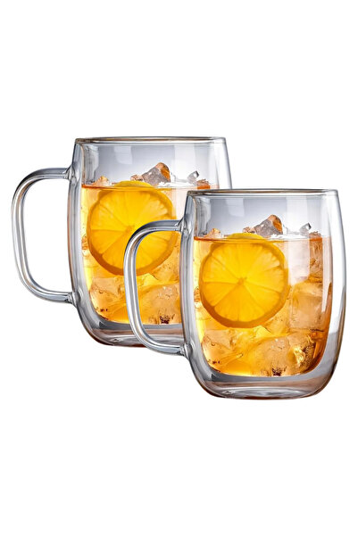 Heredot 2 قطعة 250 مل كوب زجاجي شفاف مزدوج الجدار مع مقبض عازل للحرارة Mıt1009