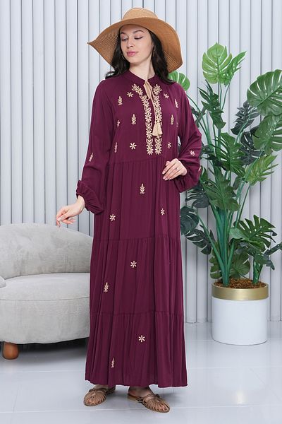AYASOFYA OTANTIK Rochie lungă cu mânecă lungă, cu guler elastic, cu broderie de prune