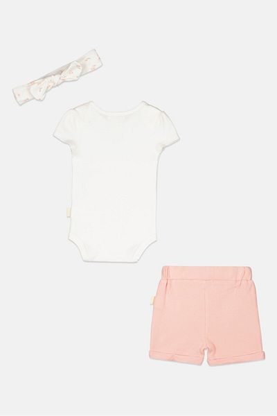 RABBİT BEAR Toddlers Girl 3 Pcs Printed Bodysuit And Short With Headband Set, Pink