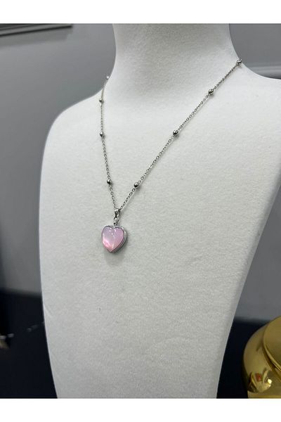 Store Pink Heart Necklace with Steel Bead Chain