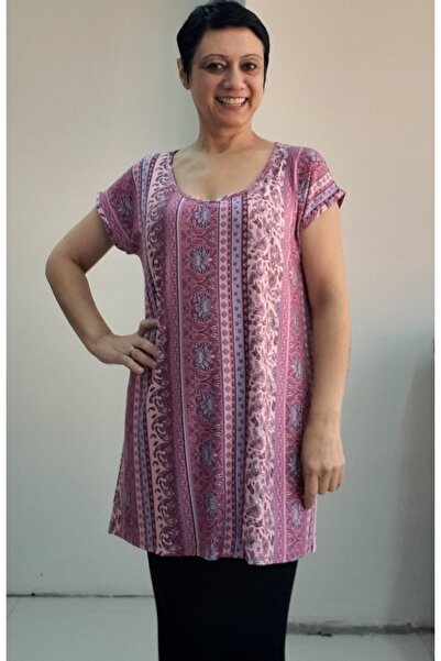 Mertcan Butik Μπλουζάκι με χαμηλό μανίκι από χτενισμένο βισκόζη με ροζ σχέδιο μέγεθος ολόκληρο