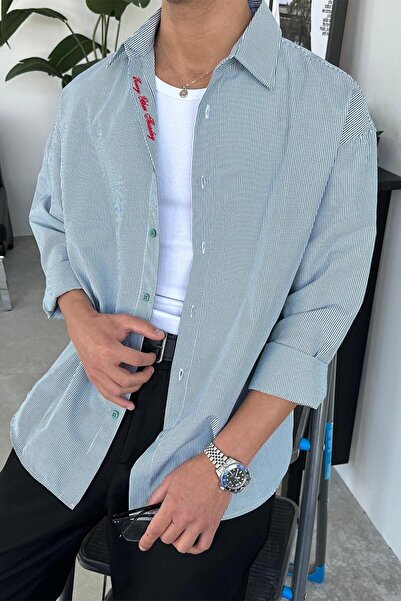 HAFKAGİYİM Πράσινο ριγέ κέντημα με λεπτομέρεια πουκάμισο oversize