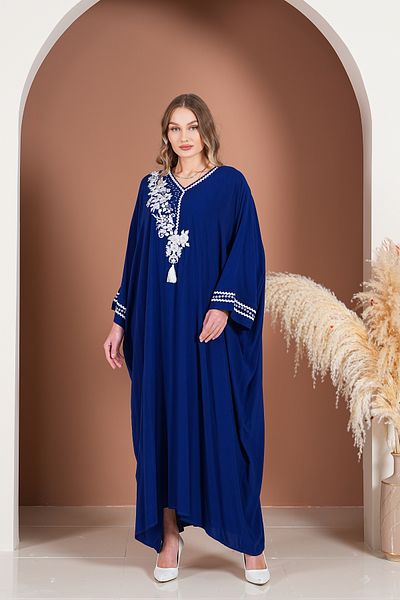 AYASOFYA OTANTIK Rochie de damă, albastru bleumarin, cu decolteu în V, cu broderie, cu detalii supradimensionate