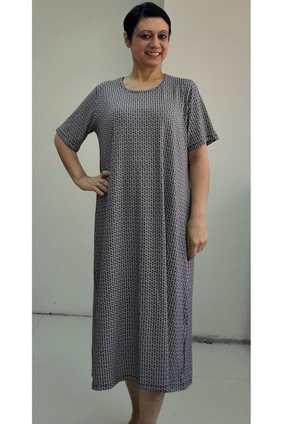 Mertcan Butik Μπλε ναυτικό φλοράλ στάμπα κοντομάνικο χτενισμένο βισκόζη φόρεμα
