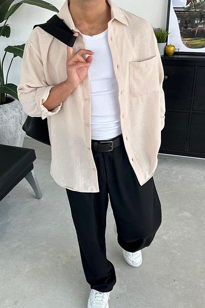 HAFKAGİYİM Πέτρινο Basic Μπροστινή Τσέπη Λεπτομέρεια Oversize Πουκάμισο