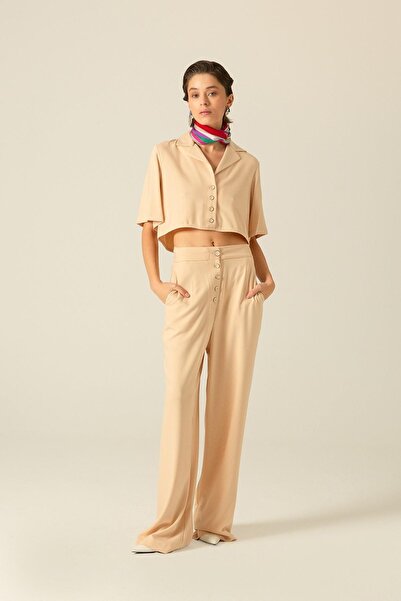 rue Düğme Detaylı Bej Yüksek Bel Pantolon
