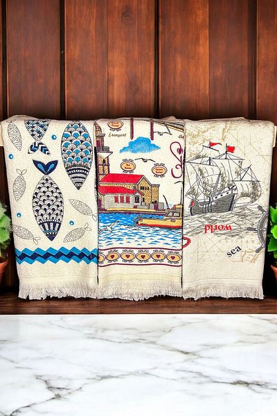 CNR Garden 3-Piece Fringed Printed Towel |   40X60 cm Hand and Face Towel Set |   Kitchen Towel