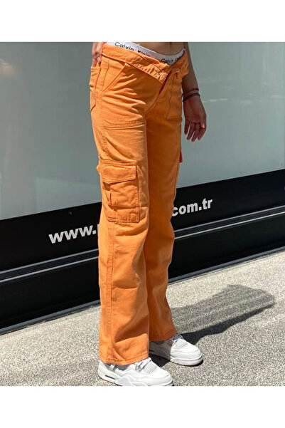 KOTOLOG Kadın Baggy Wide Leg Regular Fit Turuncu Kargo Cep Detay Bol Geniş Paça Jean Pantolon