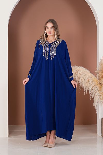 AYASOFYA OTANTIK Rochie de damă, albastru bleumarin, cu decolteu în V, cu broderie, cu detalii supradimensionate