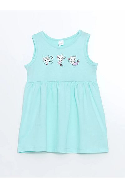 LC Waikiki Lcw Eco Turquoise Crew Neck Printed Girls' Dress