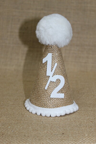 asöy Yarım Yaş 6 Ay Şapka Jüt Kumaş Krem  Beyaz PonPonlu Şapka Doğum Günü Şap...