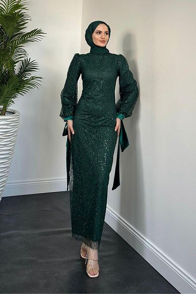 MERVEN AKYÜZ Βραδινό φόρεμα Serina σε χρώμα Emerald - με φιόγκο και ασημί μανίκια