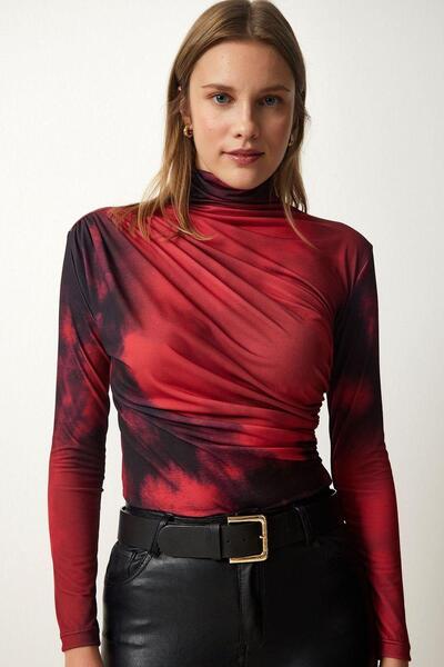 Glysso Batik Desen Kırmızı Siyah Boğazlı Drapeli Bodycone Kadın Bluz