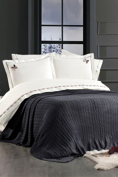 Minelya Home Collection Σετ κρεβατιού διπλό παπιγιόν 7 τεμαχίων από 100% βαμβάκι με κέντημα πεταλούδας 3D και πλεκτή κουβέρτα