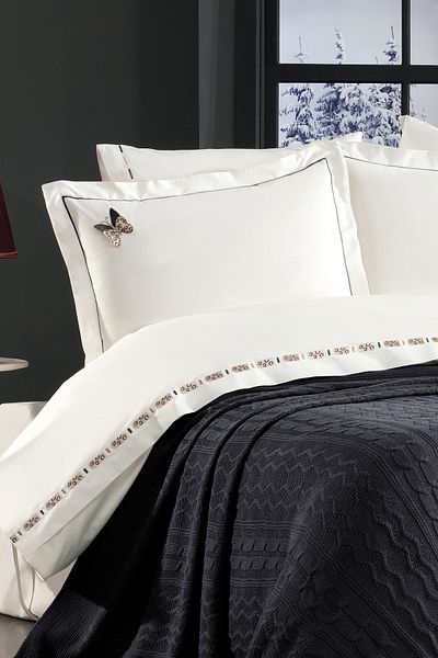 Minelya Home Collection Σετ κρεβατιού διπλό παπιγιόν 7 τεμαχίων από 100% βαμβάκι με κέντημα πεταλούδας 3D και πλεκτή κουβέρτα