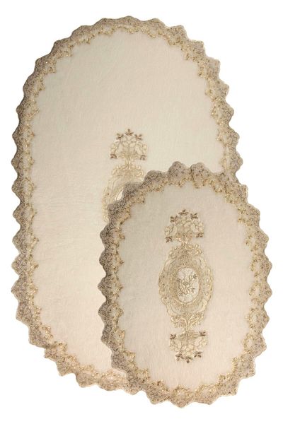 Dokumacıoğlu Lisa Oval 2-Pece Cream Ruched Bath Mat Set - Αντιολισθητικό Σετ τουαλέτας και χαλί