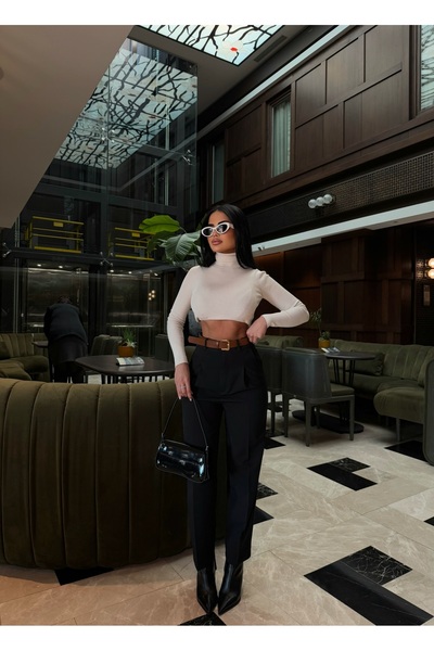 LB Laluna Butik Women's Black High Waist Belted Carrot Pants