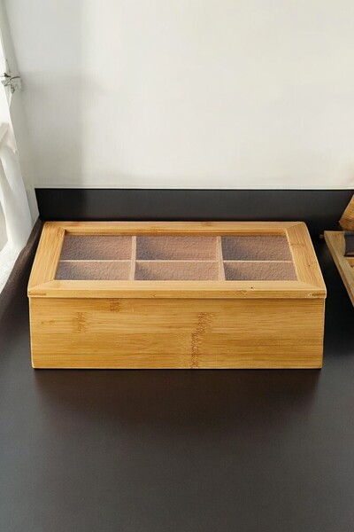 ellahomedekor 6 Bölmeli Kapaklı Bambu Çay Kutusu - Bambu Organizer 24x16x7cm.