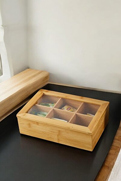 ellahomedekor 6 Bölmeli Kapaklı Bambu Çay Kutusu - Bambu Organizer 24x16x7cm.