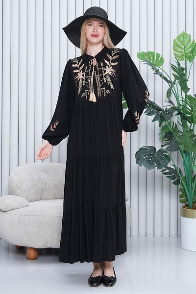 AYASOFYA OTANTIK Women's White Embroidery Detailed Placket Neckline Elastic Long Sleeve Long Dress