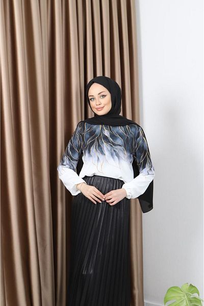 asyadabutik Women's Leaf Detailed Dubai Fabric Blouse Shiny Pleat Skirt Suit
