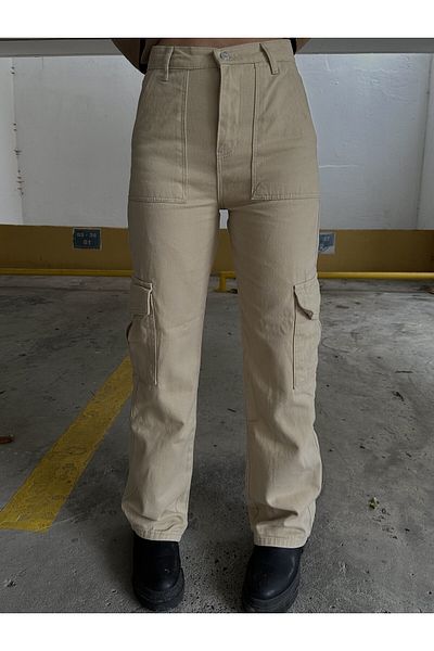 KOTOLOG Χακί Cargo Pocket Λεπτομερές φαρδύ γυναικείο τζιν παντελόνι - κανονική εφαρμογή
