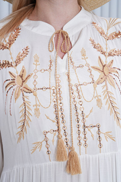 AYASOFYA OTANTIK Γυναικείο Λευκό Κέντημα Λεπτομερές Πατιλέτα Λαιμόκοψη Ελαστικό Μακρυμάνικο Φόρεμα