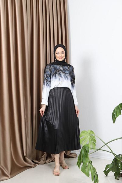asyadabutik Women's Leaf Detailed Dubai Fabric Blouse Shiny Pleat Skirt Suit