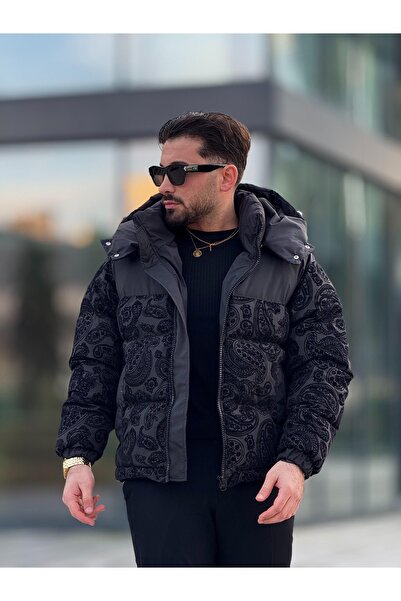 MİS MODA Men's Hooded Flock Printed Inflatable Coat