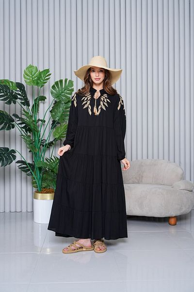 AYASOFYA OTANTIK Rochie lungă cu mânecă lungă elastică pentru femei, cu broderie cu frunze negre