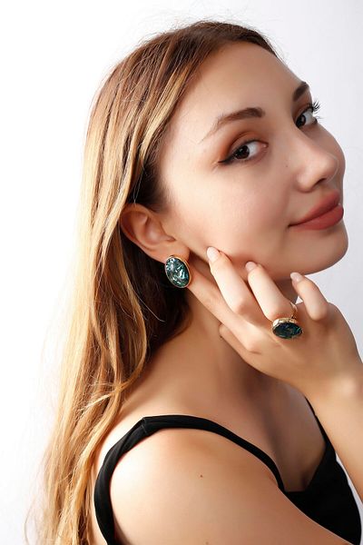 MATYA JEWELERY Adjustable Lacquer Finish - Turquoise Stone Studded Model El Craft Earrings and Ring Set