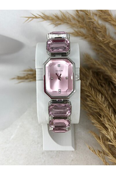 Coliseum Pink Silver Design Women's Wristwatch with Crystal Cutout Stones