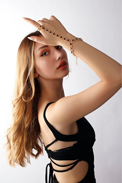 MATYA JEWELERY Altın Renk Lak Kaplama Mürdüm Zirkon Taşlı Yüzüklü Ayarlanabilir Şahmeran