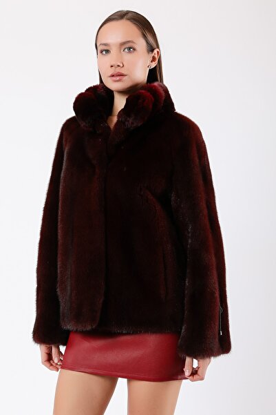 Leather Club Koyu Kırmızı Mink Kürk Kaban