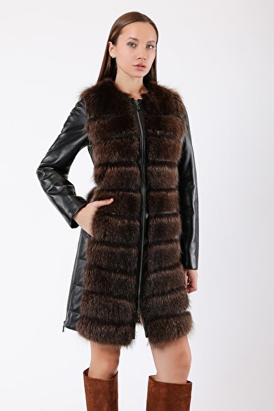 Leather Club Siyah Kahve Kürk Aksesuarlı Hakiki Deri Kaban