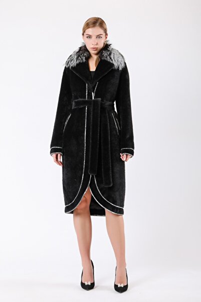 Leather Club Siyah  Kürk Aksesuarlı Deri Garnili Yün Kaban