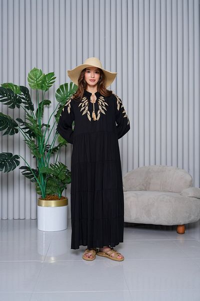 AYASOFYA OTANTIK Rochie lungă cu mânecă lungă elastică pentru femei, cu broderie cu frunze negre
