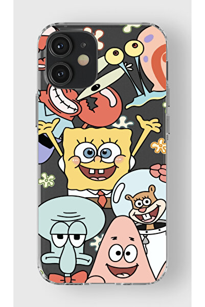 moonset Iphone 12 Mini Uyumlu Sünger Bob Tasarımlı Baskılı Şeffaf Telefon Kılıfı