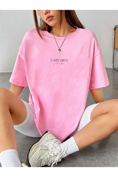 SUPER POZE Tricou de damă CARPE DİEM din țesătură de bumbac de vară cu imprimeu oversize