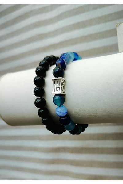 MagicStone Men's Black Blue Double Natural Stone Combination Bracelet