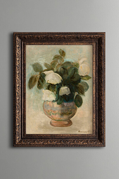 epiqart Beyaz Çiçek Natürmort - Vintage Desenli Çerçeve