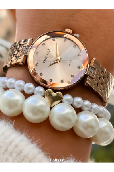 Ferrucci 30 MM Kasa, Rose Renk Çelik Kordon, Şık Tasarım Taşlı Kadran, Kesme Cam Kadın Kol Saati+Bileklik